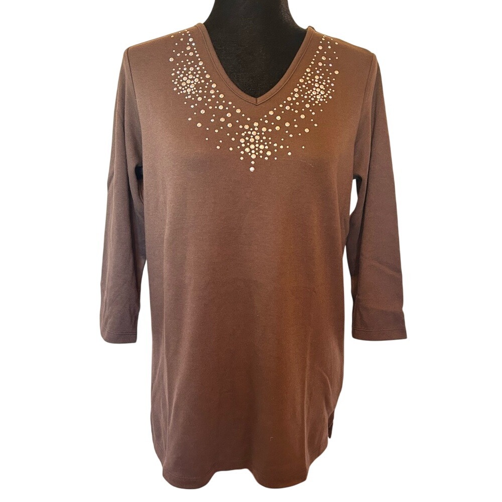 NWT Quacker Factory Brown Shirt Top with‎ Sparkling Accents Size Small